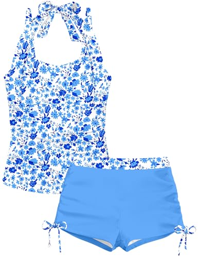 Image of Girls Swimsuit 2 Piece Halterneck Girls Tankini Swimsuit Drawstring Printed Swim Shorts Girl Bathing Suit for 7-18T
