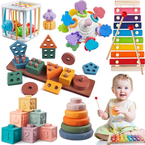 Image of 6 in 1 Montessori Baby Toys for 1 + Year Old, Infant Sensory Teething Toys for Babies 6-12 Months, Wooden Stacking Building Blocks Shape Sorter, Xylophone Musical Toy, Birthday Gift for Toddlers 1 2 3
