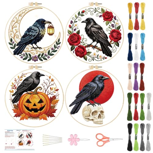 Image of BEUNITONE 4 Set Halloween Embroidery Kits for Beginners, Crow Design with Pre-Stamped Pattern Craft Kits Include Instruction and Hoops, 7.9 inchx7.9 inch Needlepoint Kits for Festival Gifts and Home Decor