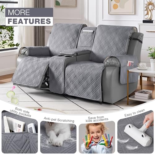 Image of TAOCOCO Loveseat Recliner Cover With Center Console, 100% Waterproof Pet Protector for Dual Reclining Furniture, Split Design With Straps (2 Seater, Gray)