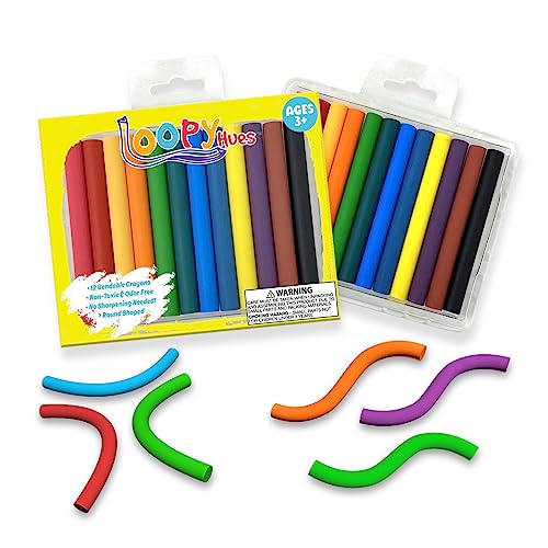 Loopy Hues Bendable Crayons For Kids, Arts & Crafts, School Supplies, 3D Letter & Number Crayons, No Sharpening Needed, Assorted Colors (12 Pack - Round)