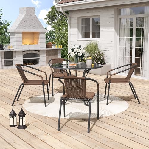 Image of UDPATIO Rattan Patio Dining Chairs Set of 4, Wicker Stackable Outdoor Chairs with All Weather Curved Back & Metal Frame, for Indoor Restaurant Porch Deck, Brown