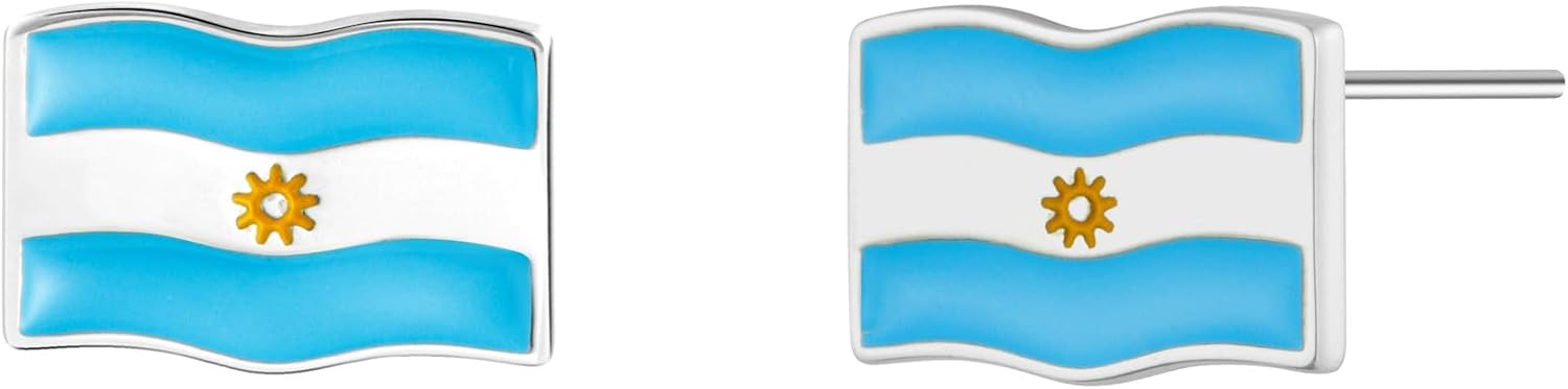 Bolenvi Argentina Flag Country Travel Stud Earrings - Genuine 925 Sterling Silver Back Posts, Earrings with Enamel and Cubic Zirconia Stones, Dainty Studs for Women and Men
