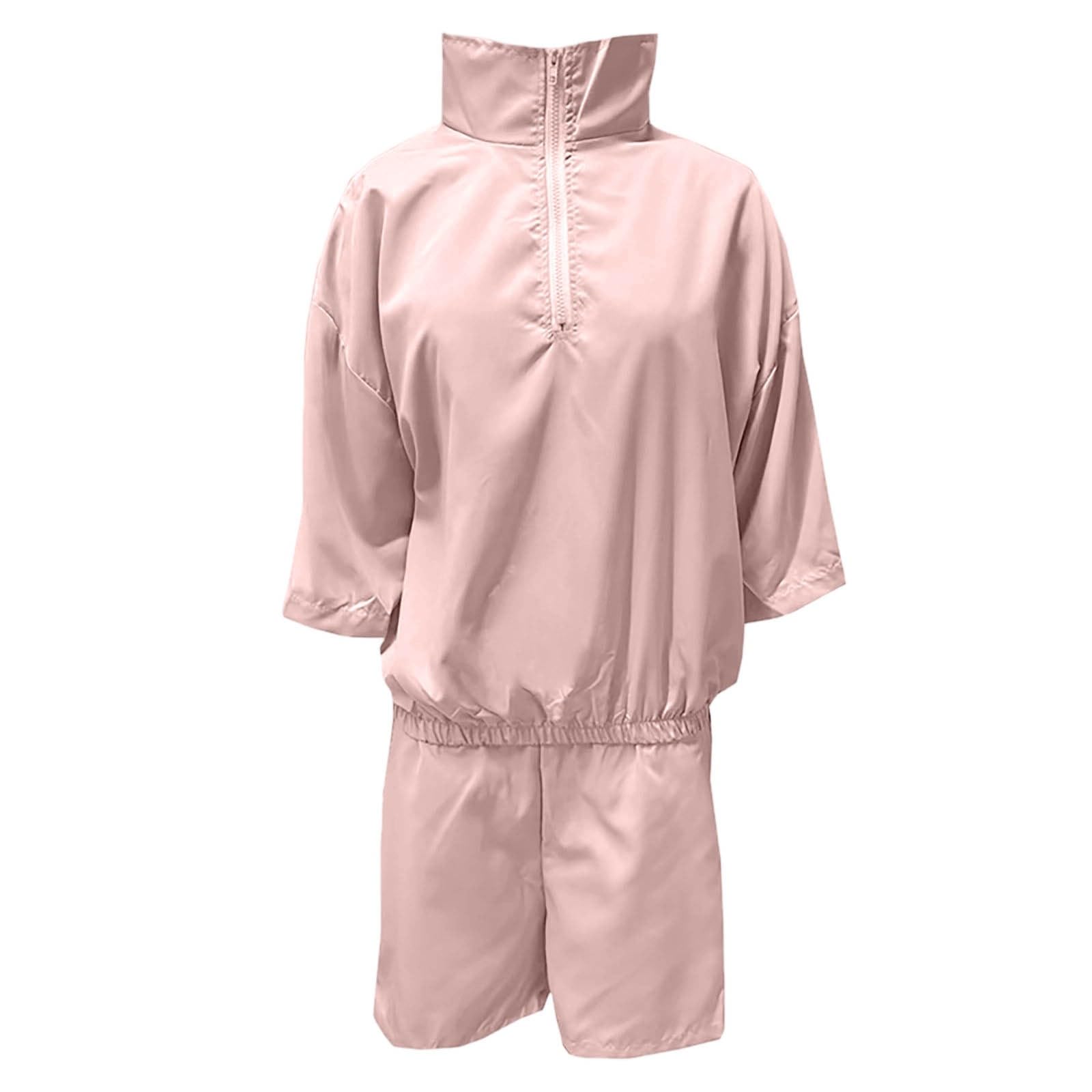 Generisch Tuta estiva da donna alla moda con cerniera frontale, maniche corte e pantaloncini, tessuto leggero per il tempo libero e la vita quotidiana, set traspirante