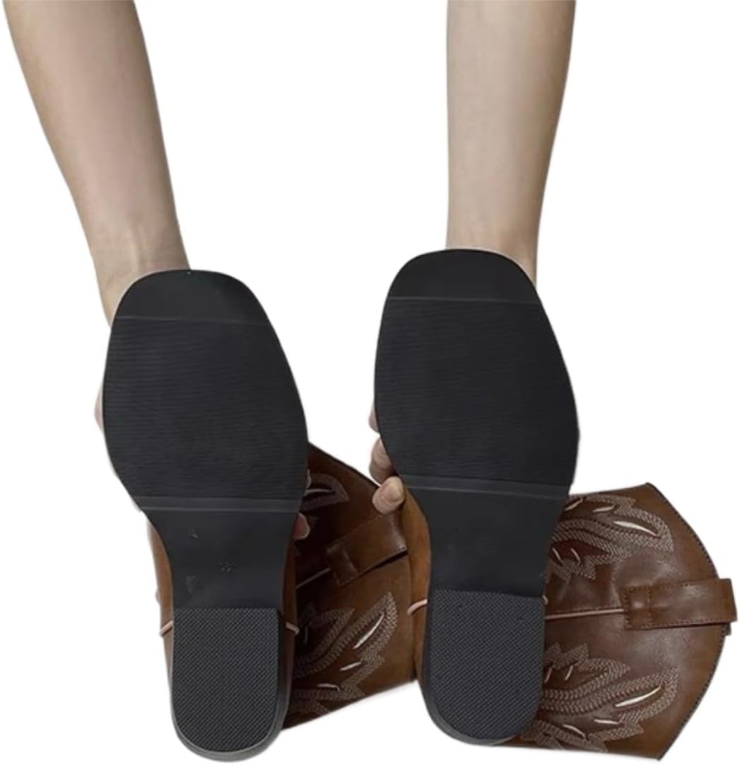 Cowboy Boots for Women Square Toe, Mid Calf Western Cowgirl Boots, Pull on Leather Embroidered Boots with Chunky Heel - Image 4