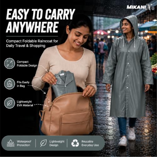 Image of MIKANIX Waterproof Hooded Raincoat for Men & Women | Full Length Reusable PVC Rain Wear | Lightweight Windproof Rain Jacket with Front Button Closure (Pack of 1)
