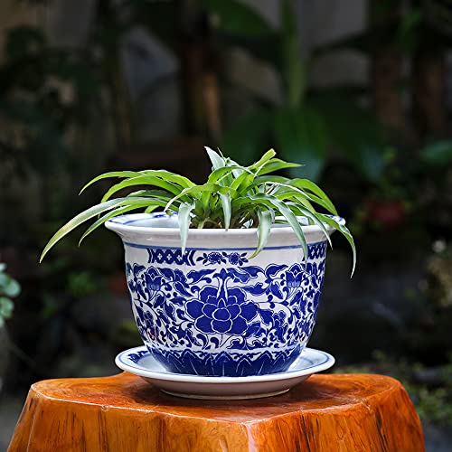 Grand pot de fleur céramique bleu blanc respirant avec plateau
