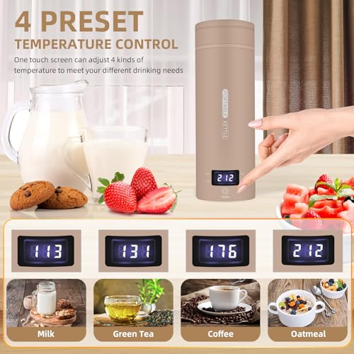 Image of Travel Electric Kettle Portable Small Mini Tea Coffee Kettle Water Boiler, Water Heater with 4 Temperature Control,304 Stainless Steel with Auto Shut-Off & Boil Dry Protection, BPA-Free (Khaki)