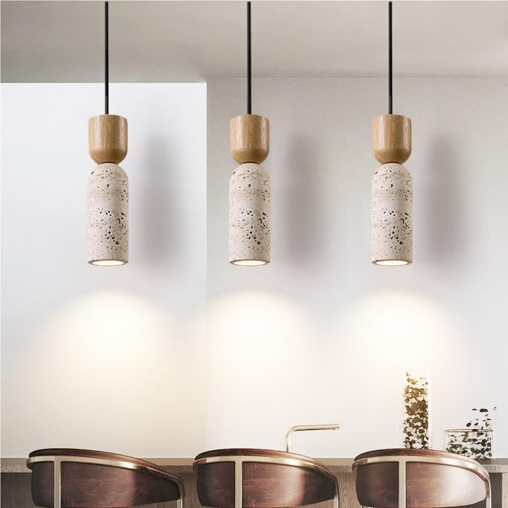 Lampada a sospensione vintage a testa singola a moderna a cilindro in travertino Stile giapponese Piccoli apparecchi di illuminazione in legno massello for ingresso camera da letto soggiorno