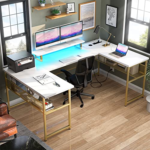 U-Shaped LED Desk with Power Outlet and Storage - 83 Inch Corner Computer Table for 2, White
