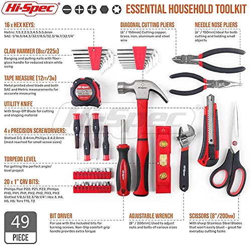 Image of Hi-Spec 49pc Complete Home Tool Kit Set in a Portable Toolbox Case. Essential Household Repair Tools for DIY in The Apartment, Office and College