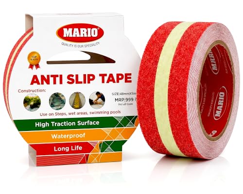 Image of Mario Red Anti-Skid Glow-in-the-Dark Tape Width 50mm x Length 5mtr (16.5 feet) | High Grip Waterproof Anti-Slip Safety Tape | Self Adhesive Non-Slip Tape for Stairs & Dark Areas | Pack of 1pc