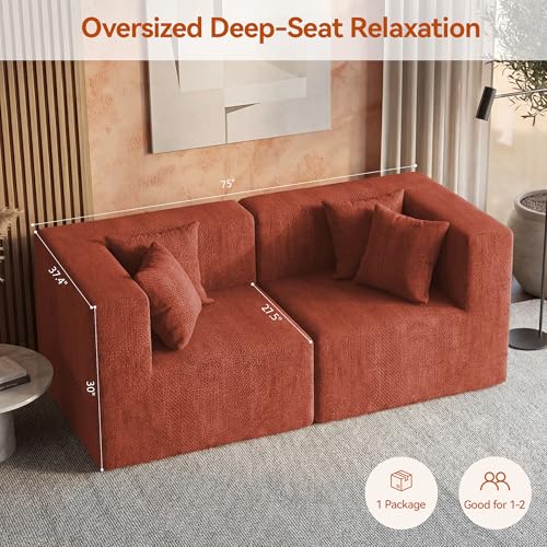 Image of MONVANE 75 inch Loveseat Sofa, Comfy Chenille Modular Sectional Sofa with 4 Pillows, Modern Deep Seat Boneless Couch, 2 Seater Sofa for Living Room, Bedroom and Apartment, Rust Red