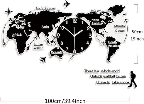 Large World Map Wall Clock 100cm,Modern Acrylic Hanging Silent Clock Art Wall Decor for Living Room Bedroom Home Office,Black,S [Energy Class A]