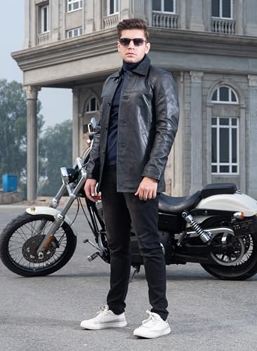Image of TLC Mens Leather Coat | 3 /4 Length Button Up Lambskin Car Coat - Classic Long Leather Jacket Men