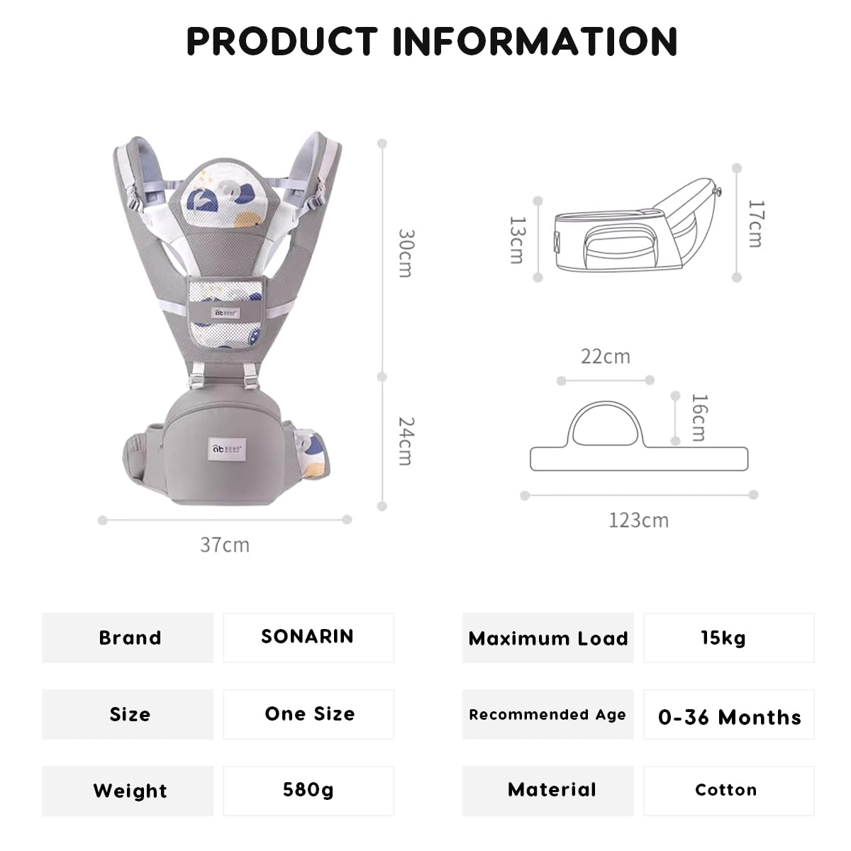 SONARIN 3 in 1 Traspirante Marsupio Neonati con Sedile,Portantina Multifunzionale Ergonomico Porta Bambino Fascia Porta Bebè Multi-Posizioni per Neonati Bambini 0-36 Mesi(Grigio)