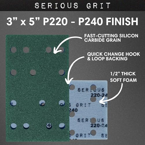 Image of Serious Grit - 3x5 1 /2 inch Foam Sanding Pads - 220-240 Grit Finish - 10 Pack | Fits Festool RTS 400 & Mirka DEOS - 80x133mm Foam Sandpaper for Profile Sanding, Cabinetry, Paint, & Moulding - Made in USA