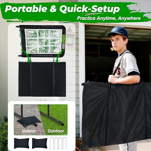 Image of Pitching Net, 9 Hole Baseball & Softball Pitching Net with Strike Zone, Adjustable Pitching Target with 9 Pocket Design, Portable Pitching Practice Equipment