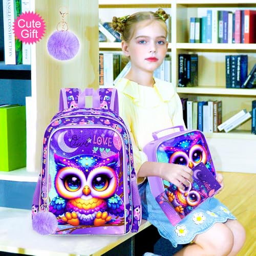 Image of CCJPX 3PCS Kids Backpack for Girls, 16 inchOwl Bookbag with Lunch Box, Cute Water Resistant Elementary School Bag for Kindergarten Preschool Toddler