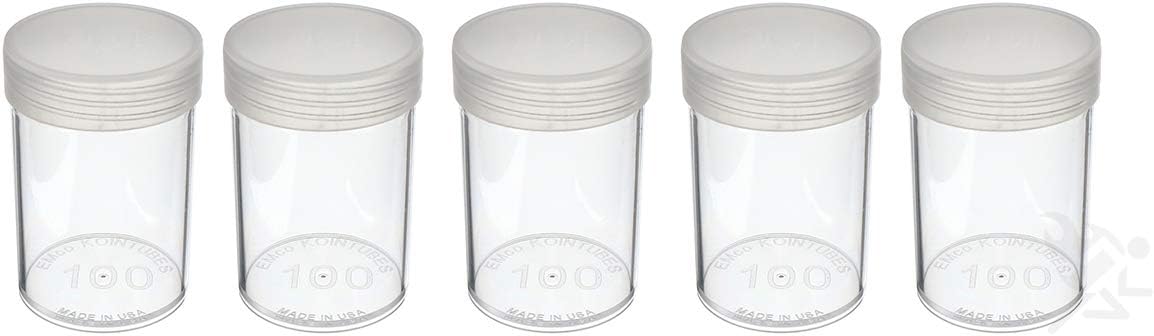 (5) Edgar Marcus Brand Round Clear Plastic (Large Dollars) Size Coin Storage Tube Holders with Screw on Lid