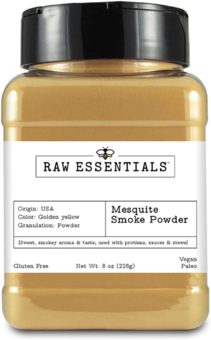 Raw Essentials Mesquite Smoke Powder - Infuse Bold Smoky Flavor Without Barbecuing - Perfect for BBQ Marinades and Rubs - 8 Ounce Bottle