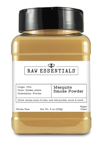 Raw Essentials Polvo de humo Mesquite  infunde un sabor ahumado audaz sin barbacoas  perfecto para adobos y masajes de barbacoa  botella de 8 onzas
