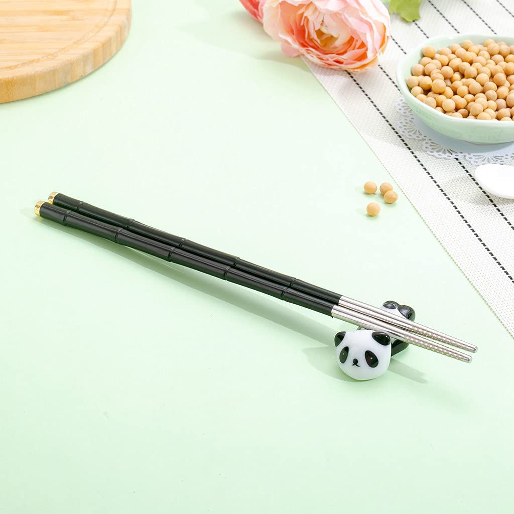 Lot De 2 Paires De Baguettes Noires En Acier Inoxydable Et Fibre De Verre Avec 2 Baguettes Panda En Céramique Repositionnables Lavables Au Lave-vaisselle Avec Boîte Cadeau