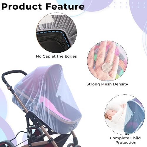 Image of Bembika Baby Stroller Mosquito Net for Pram, Carry Cot & Bassinet Universal Breathable Mesh Insect Protection Cover for Babies Elastic Fit Lightweight Foldable Baby Safety Net (White)