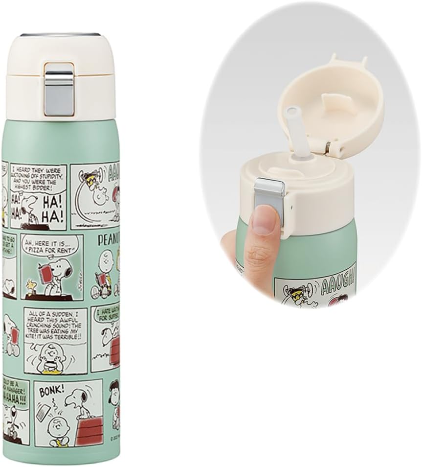 Skater STOT5ST-A Straw Mug Bottle, 16.2 fl oz (480 ml), For Cold Insulation, Stainless Steel Water Bottle, Snoopy One-Touch Open,