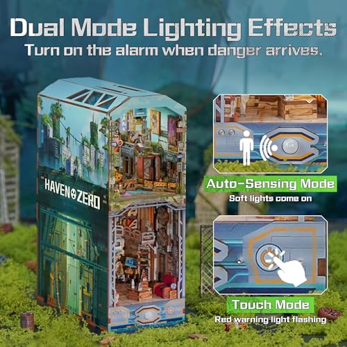 Image of Tonecheer DIY Book Nook Kit for Adults, Wooden 3D Puzzle Bookend Diorama Bookshelf Insert Decor Fancy Books, Booknook Miniature House Kit with Dust Cover and Sensor LED (Haven Zero)