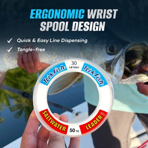 Image of TrikFish Monofilament Leader Line for Saltwater Fishing - Premium Mono Leader Fishing Line - Saltwater Leader Material - Clear, High-Strength & Abrasion Resistance, User-friendly Wrist Spool - 50 Yard