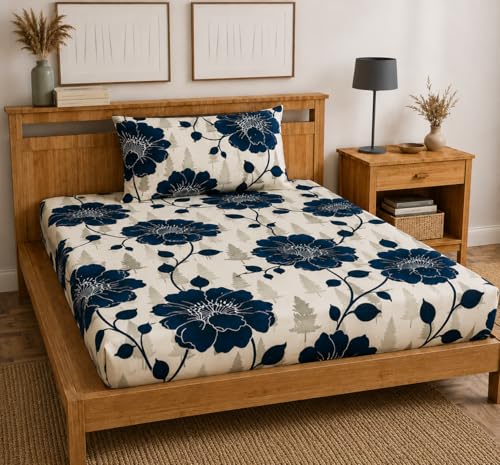 Image of 220 TC Glace-Cotton All Around Elastic Fitted Bedsheet, Elastic Fitted Bedsheet Single Size Bedsheet for Single Bed with 1 Pillow Cover, Size - 72 x 36 x 8 Inch Color
