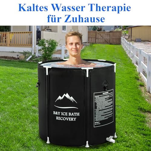 B&Y Faltbare Eisbad Badewanne mit Abdeckung 80cm Erwachsene Eisbaden Tonne mit aktualisiertem t-Shaped Rahmen für Athleten und Sportler für Outdoor, Stabiler (Schwarz-∅80x75cm)