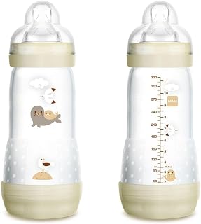 MAM Anti-Kolik-Flasche ab 4 Monaten, 320 ml, mit 3 Schnelligkeits-Saugern, aus Silikon, selbststerilisierend und leicht zu reinigen, MAM Easy-Start, Anti-Colic, matt-neutral, 1 Stück