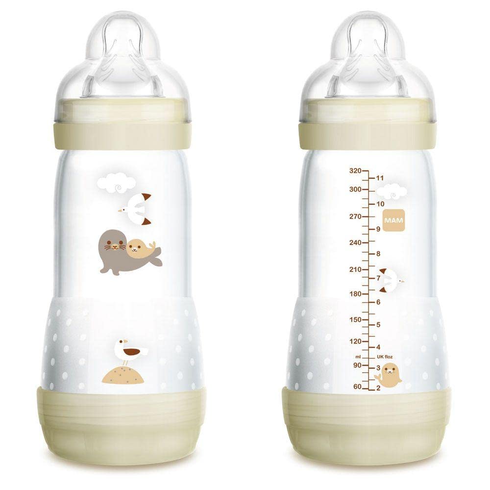 MAM Anti-Colic Bottle, from 4 Months, 320 ml, with 3 Fast Flow Silicone Teat, Easy Acceptance, Self-Sterilizable and Easy to Clean, Easy Start Anti-Colic, Neutral Matt, Pack of 1