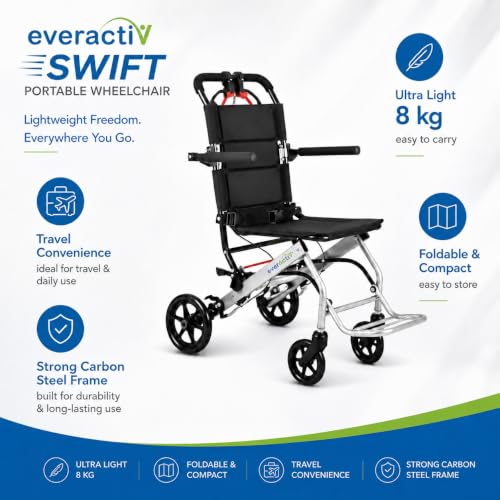 Image of EverActiv Swift Portable Wheelchair for Seniors | Ultra Light 8 Kg Carbon Steel Frame | Foldable, Compact, Attendant Brake, Travel Convenience | Wheelchair for old people