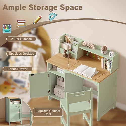 Image of Treocho Kids Study Desk and Chair Set, Kids Desk with Hutch and Tiltable Desktop for 3-8 Years Old, Wooden Children Study Table with Storage Cabinet, Student Writing Desks Bedroom, Home School, Green