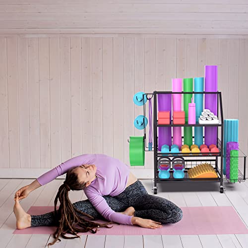Dumbbell Rack-Yoga Mat Racks With Wheels And Hooks-Weight Rack For Dumbbells-Home Gym Storage Rack For Dumbbells Kettlebells Foam Roller, Yoga Strap, Resistance Bands & Strength Training Equipment #TOP6