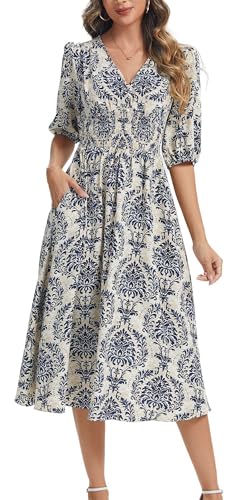 Image of Kormei Women Casual Boho V Neck 3 /4 Sleeve Smocked Waist A Line Flowy Swing Midi Dress Smocked Long Dress