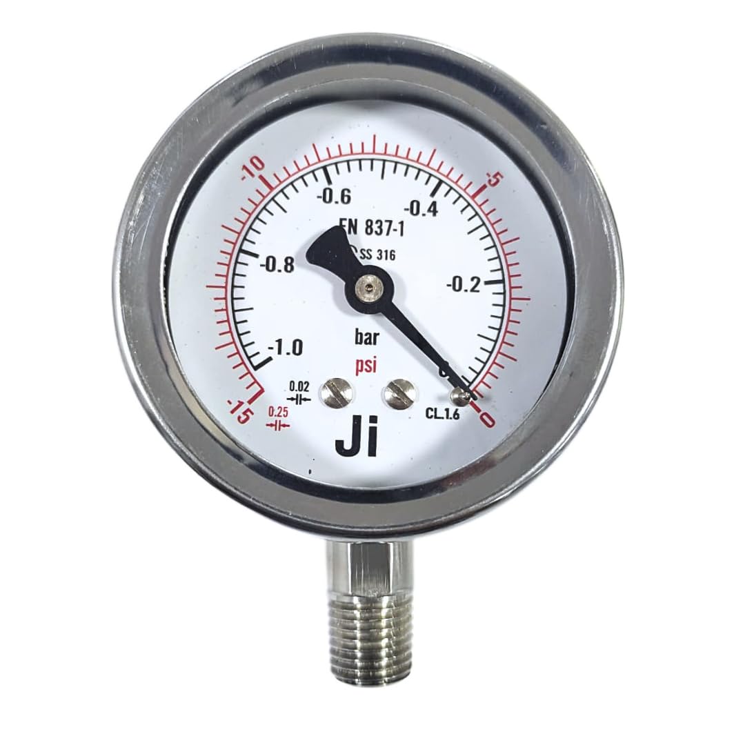 "Ji" Japsin Instrumentation Economical Vacuum Gauge, 2 1/2" Dial, Range -1 to 0 Bar with Dual Scale of -15 to 0 PSI, Direct Mounting Bottom Entry, 1/4" NPT (M) Connection, SS Body-image-15