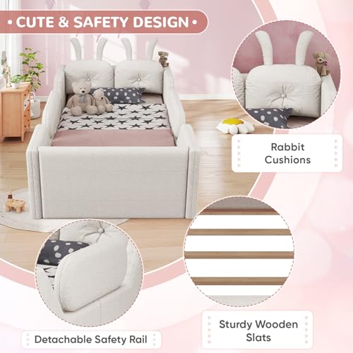 Image of Twin Size Kids Bed with Rabbit Cushions, Upholstered Boucle Fabric Platform Floor Twin Daybed with Removable Side Rail, Space-Saving Wooden Corner Sofa Couch Bed Frame for Girls, Boys, Teenager(White)