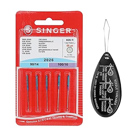 Singer Jeans / Denim 2026 Sewing Machine Needles, Packet of 5, Size: Assorted Mixed Sizes 90/14 & 100/16, Includes Large Needle Threader Cover