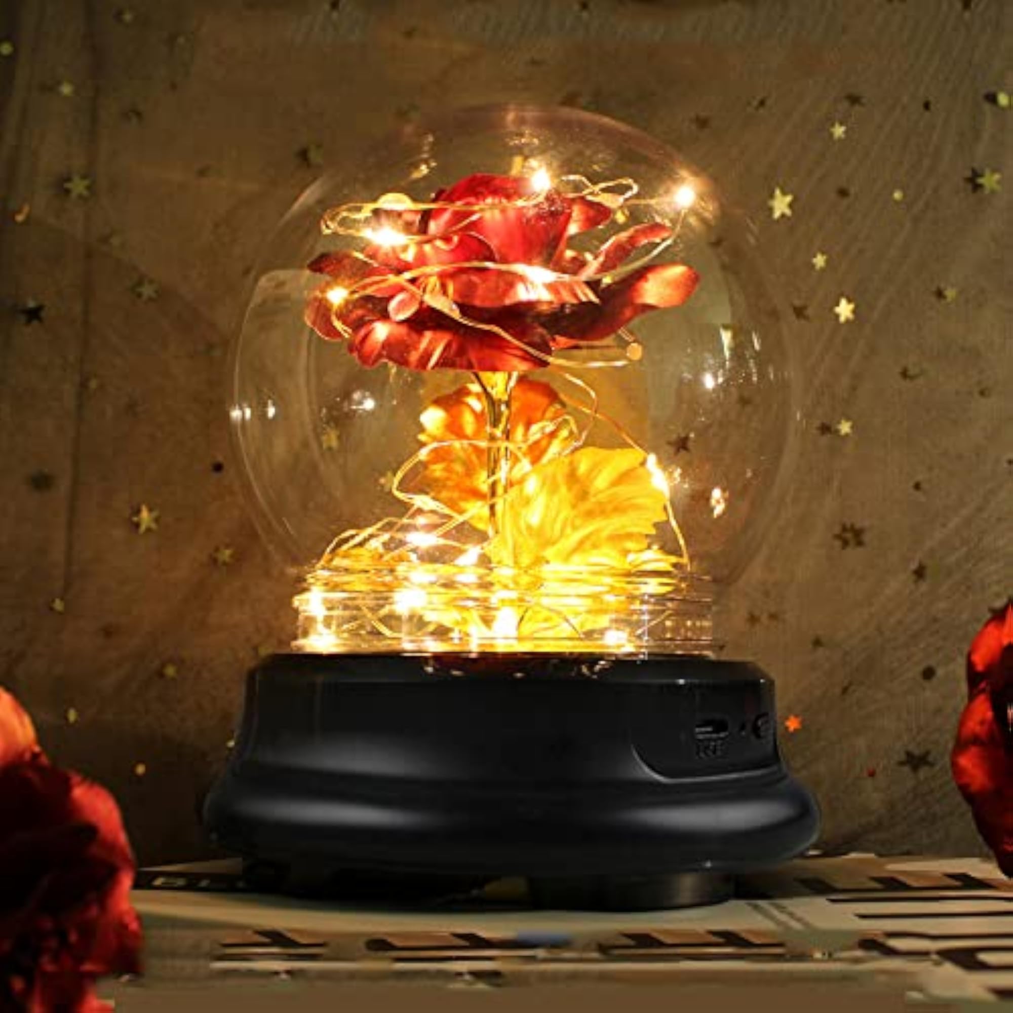 Glass Dome Flower Rose Lamp, Warm Night Light Gift