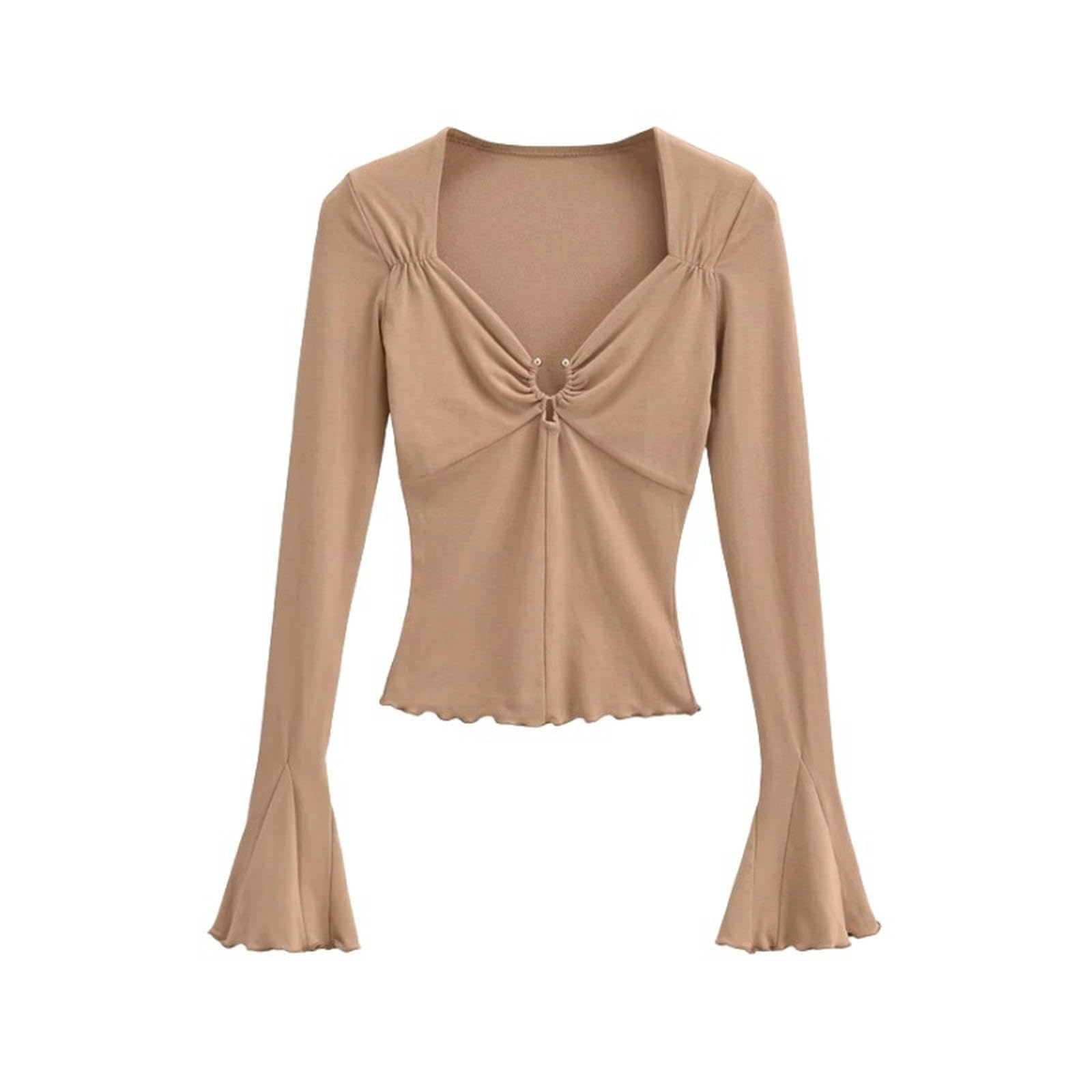 JOASIS Pulls Femme Col en V Poitrine Anneau Métallique Plissé Creux T - Shirt Femmes Tops-Blanc-m