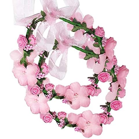 Flower Crown Headband Wreath Garland Hair Bands Floral Wedding Bridal Hair Hoop Women Leaf Ribbon Party Decoration Headdress Headwear Christmas Handmade Headpiece Hair Accessories 2 Pack Pink Cover