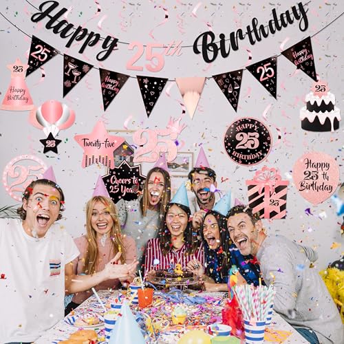 Image of 25th Birthday Decorations for Women Rose Gold Pink Pre Strung Happy 25th Birthday Banner and Hanging Swirls 25 Year Old Party Decorations Supplies