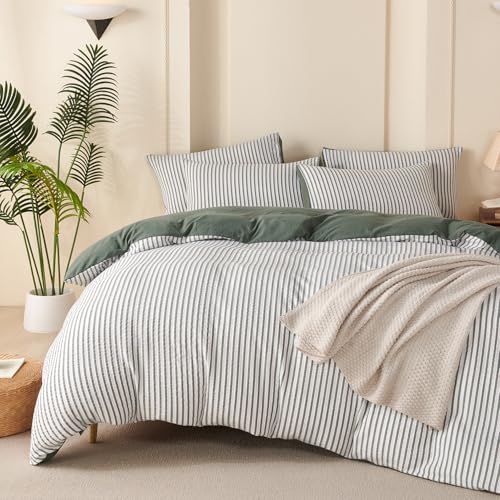 Image of Dark Green Striped Comforter Set King - 3 Pieces Bedding Comforter Set for All Season, Soft Lightweight Washed Microfiber, 1 Striped Comforter and 2 Pillowcases (Dark Green, King Size)