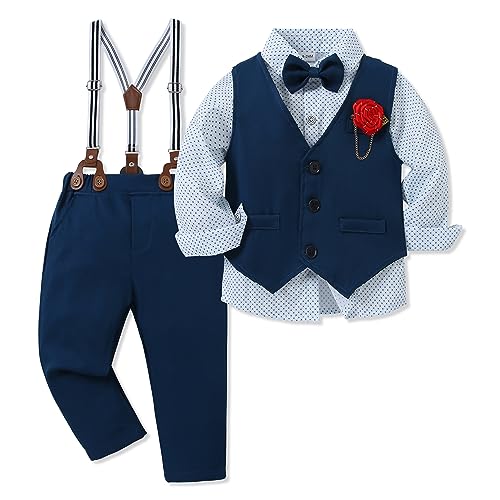 Image of WESIDOM Toddler Boy Clothes Suit Formal Dress Shirt+Bowtie+Vest+Boutonniere+Suspender Pants Boys Gentleman Outfits Set