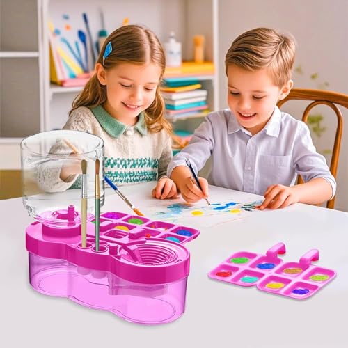 Image of Parssufy Paint Brush Cleaner with Paint Tray, 6-in-1 Water Circulation Rinser Paintbrush Cleaner with Drain & Brush Holder, Watercolor Dispenser & Paint Palette, Paint Brush Washer (Purple)