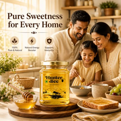 Image of Hunter Bee Kashmir Acacia Honey 340 g | Raw & Pure Natural Honey | Unprocessed Honey | No Added Sugar | Authentic Acacia Honey | Premium Natural Sweetener for Daily Use